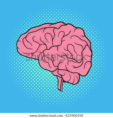 Vector hand drawn pop art illustration of brain. Retro style. Hand drawn sign. Illustration for print, web.