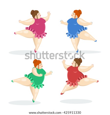 Vector illustration with very big and nice ballerinas. Fat ballet dancers. Set of four beauty and elegant women.