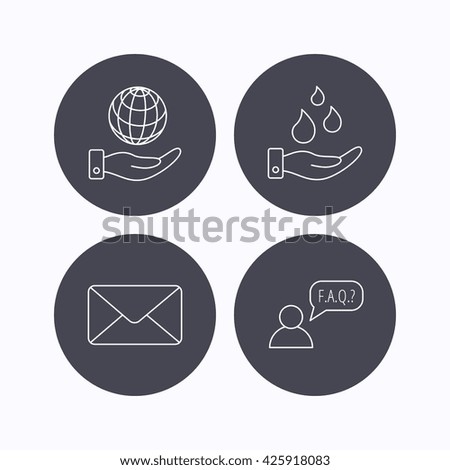 Mail, save water and faq speech bubble icons. Save planet linear sign. Flat icons in circle buttons on white background. Vector