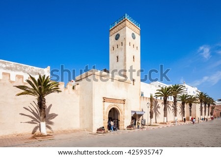 Medina entrance tower and old city walls in Essaouira, Morocco Royalty-Free Stock Photo #425935747