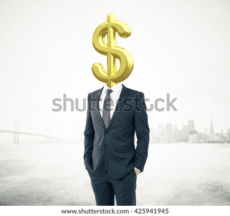 Businessman with golden dollar sign head on abstract city background