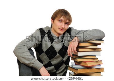 Man with stack of books isolated on white background