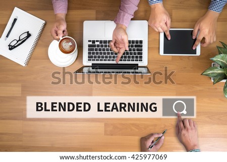 BLENDED LEARNING man touch bar search and Two Businessman working at office desk and using a digital touch screen tablet and use computer, top view