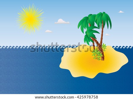 Artistic abstract tropical summer scenery, with sand beach, palm trees, sun and ocean or sea. Concept of summer holidays, vacation, tourism. Copy space for text.