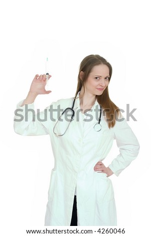Young woman doctor holding injection and look forward to give you