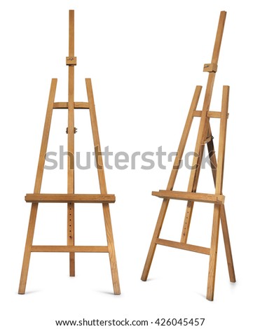 Wooden display easel front and side view isolated on a white background.  Royalty-Free Stock Photo #426045457