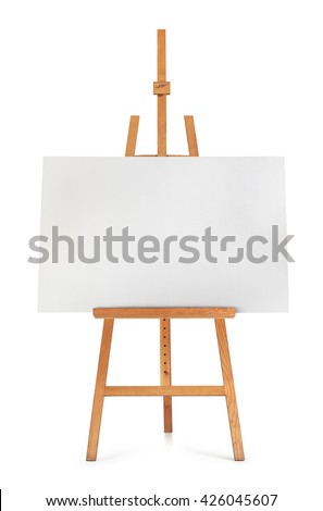 Blank art board and wooden easel isolated on white background Royalty-Free Stock Photo #426045607