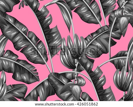 Seamless pattern with banana leaves. Decorative image of tropical foliage, flowers and fruits. Background made without clipping mask. Easy to use for backdrop, textile, wrapping paper.