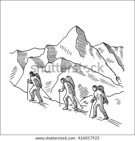 mountaineers climbs a snowy ridge hand drawn sketch vector illustration