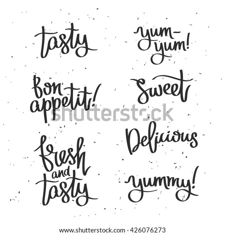 Set fun quotes label. Bon appetit, sweet, fresh and tasty, delicious, yum-yum, yammy. The trend calligraphy. Vector illustration on white background. Hand-drawn graphics. Royalty-Free Stock Photo #426076273