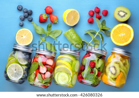 Healthy detox water with fruits.... Royalty-Free Stock Photo #426080326