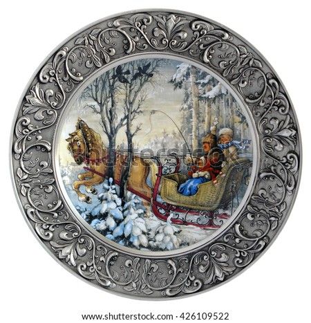 Decorative porcelain wall plate Winter in a metal frame