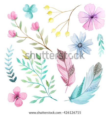 Set of hand painted watercolor flowers, leaves, feathers and branches. Isolated objects on a white background. Floral clip art perfect for card making and DIY project