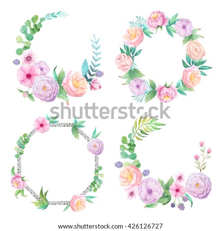 Floral frame with hand painted watercolor flowers, leaves and branches inspired by summer garden. Decorative wreath perfect for card making, wedding invitation and DIY project