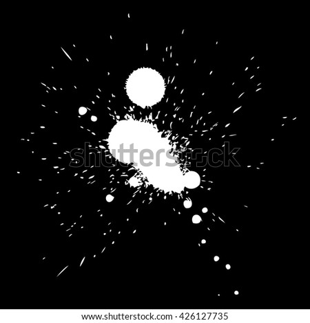 Artistic white paint hand made creative wet dirty ink or oil drop spots silhouette isolated on black background, metaphor to art, grunge or grungy, decoration, education abstract symbol design