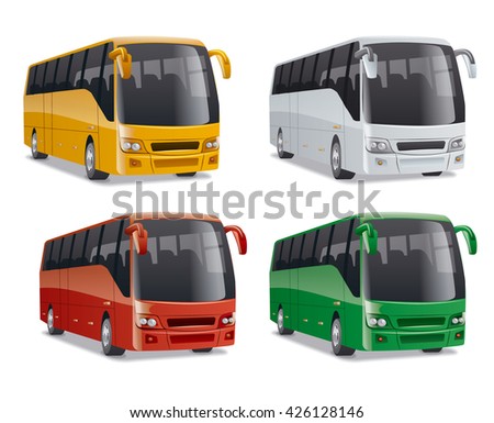 set of new modern comfortable city buses on the road, no people, vector illustration in different colors Royalty-Free Stock Photo #426128146