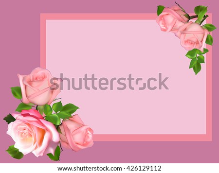 illustration with light roses in frame isolated on pink background
