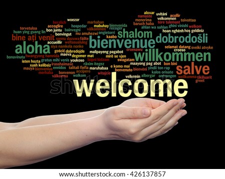 Concept or conceptual abstract welcome or greeting international word cloud in hand, different languages or multilingual, metaphor to world, foreign, worldwide, travel, translate, vacation or tourism