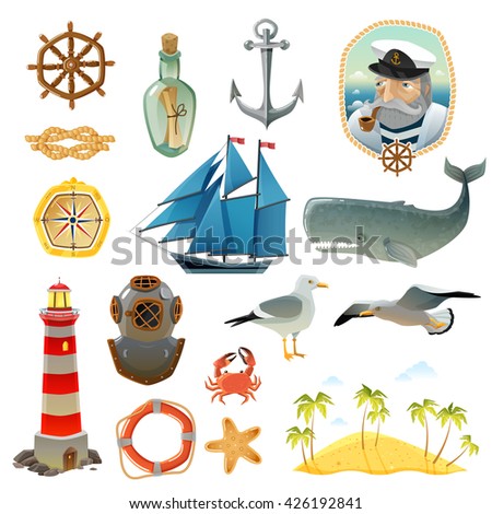 Sea nautical decorative color elements set of lighthouse captain with smoking pipe helm sailboat anchor isolated vector illustration 