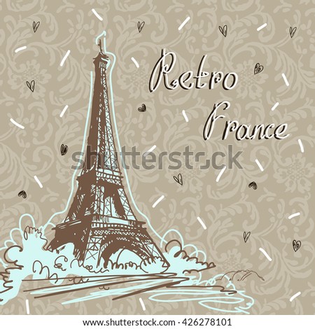 World famous landmark series: Eiffel Tower, Paris, France. Doodle Retro Style Design Image