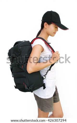 Asian girl with bag going on a journey on white background