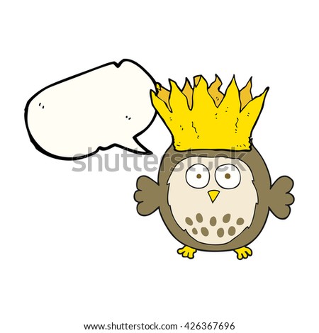 freehand drawn speech bubble cartoon owl wearing paper crown christmas hat