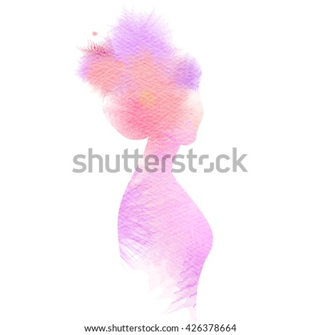 Double exposure illustration. Woman silhouette plus abstract water color painted. Digital art painting.