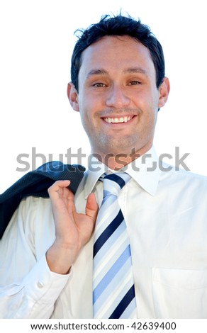 Casual business man looking happy isolated on white