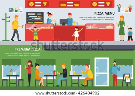 Pizza Menu and Premium Pizza flat concept web vector illustration. Pizzeria Restaurant interior presentation.