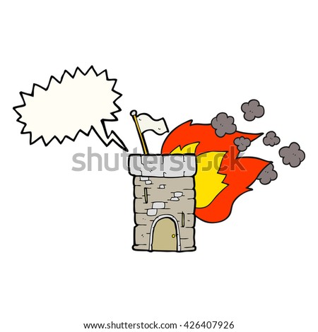 freehand drawn speech bubble cartoon burning castle tower