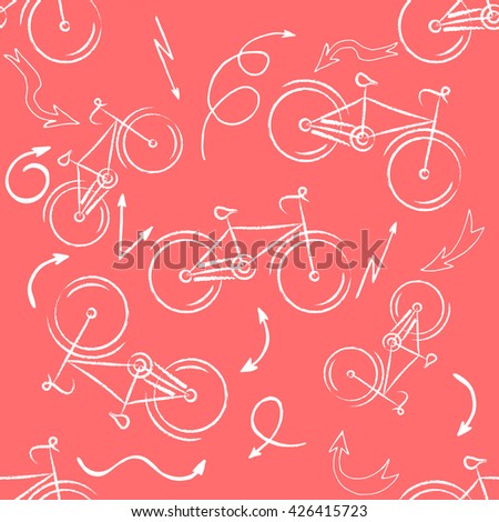 Seamless bicycles pattern. white icons on red background. Sport print. Vector illustration