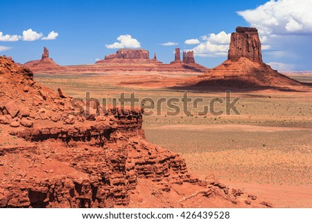 View of Monument Valley in Navajo Nation Reservation between Utah and Arizona Royalty-Free Stock Photo #426439528