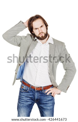 business man scratching his head, looking at camera. image isolated over white background. people, female, business e and portrait concept