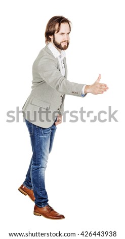 portrait of bearded businessman giving hand for an handshake.  human emotion expression and office, business, technology, finances and internet concept. image isolated white background.