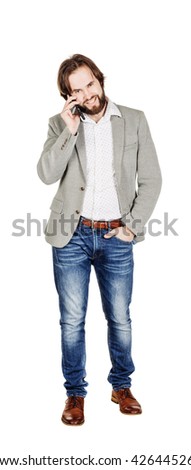 Portrait of bearded businessman with cell phone.  human emotion expression and lifestyle concept. image on a white studio background.