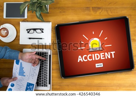 ACCIDENT Businessman working at office desk and using computer and objects, coffee, top view,