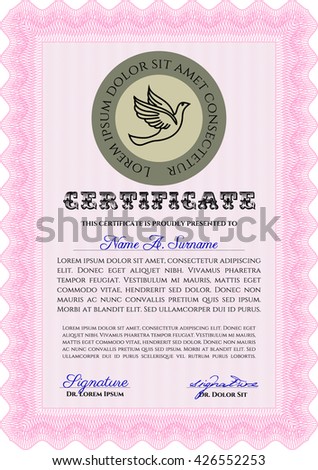 Certificate template. Detailed. Nice design. Printer friendly. Pink color.