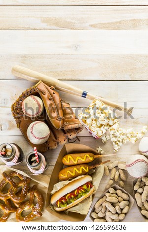Baseball party food with balls and mizuno on a wood table.