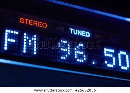 FM tuner radio display. Stereo digital frequency station tuned. Horizontal  Royalty-Free Stock Photo #426632836