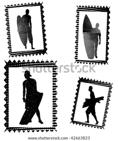 Stamp with the image kitesurfer and surfers.(Vector; Grunge Variation; Vintage)portrait and landscape orientation.