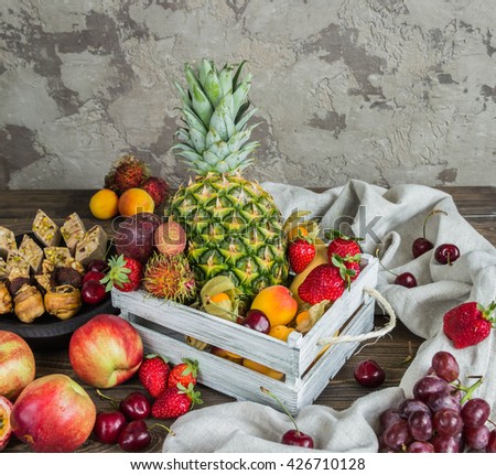 Mix fruits background. Fresh fruits. Healthy eating, dieting concept, clean eating. 