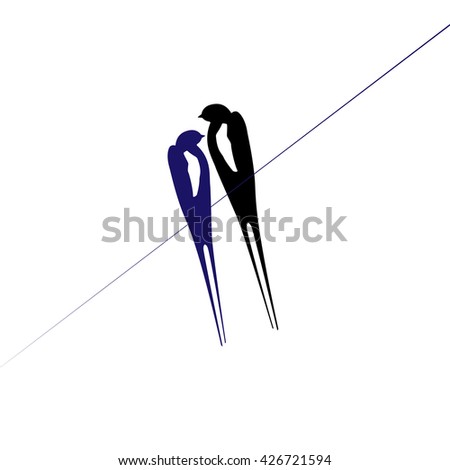 Vector drawing silhouette flying swallows. Swallows on a blue background, Black silhouette on a white background.art, elegance, two swallows, love
