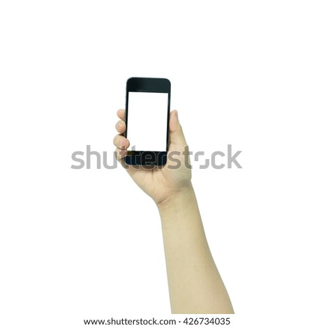 Woman hand holding the black smartphone with blank screen, isolated on white background.