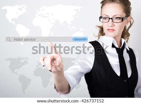 Hotel service written in search bar on virtual screen. Internet technologies in business and home. woman in business suit and tie, presses a finger on a virtual screen