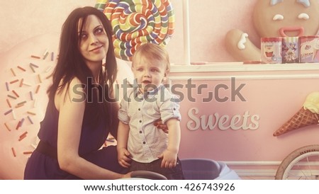 Mom and year-old son in the nursery. Mother's love.