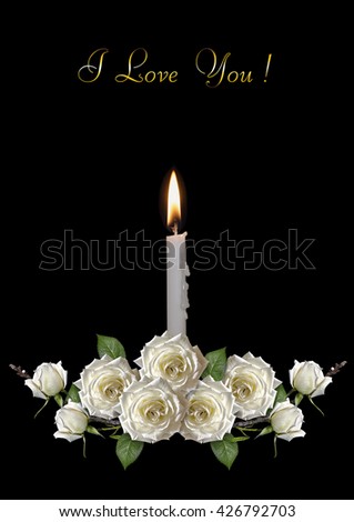Postcard with burning a burning and white roses on a black background
