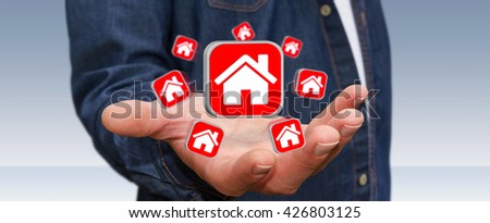Businessman with red travel icons in his hand '3D rendering'