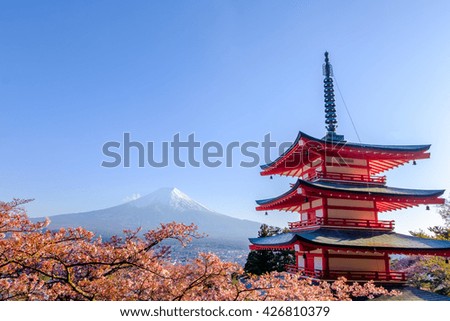 Red Pagoda with Mt Fuji on the background