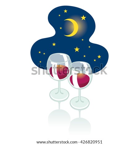 Romantic night - two wineglasses and moon in the starry sky 