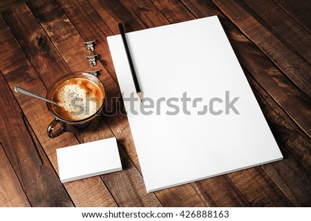 Corporate identity template. Blank letterhead, business cards, coffee cup and pencil. Photo of blank ID template. Mock-up for design portfolios.